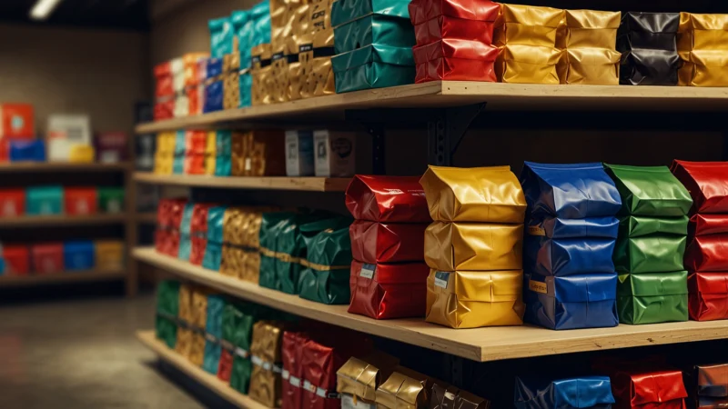 Яркие упаковки продуктов на полке магазина с цветовыми акцентами и бликами