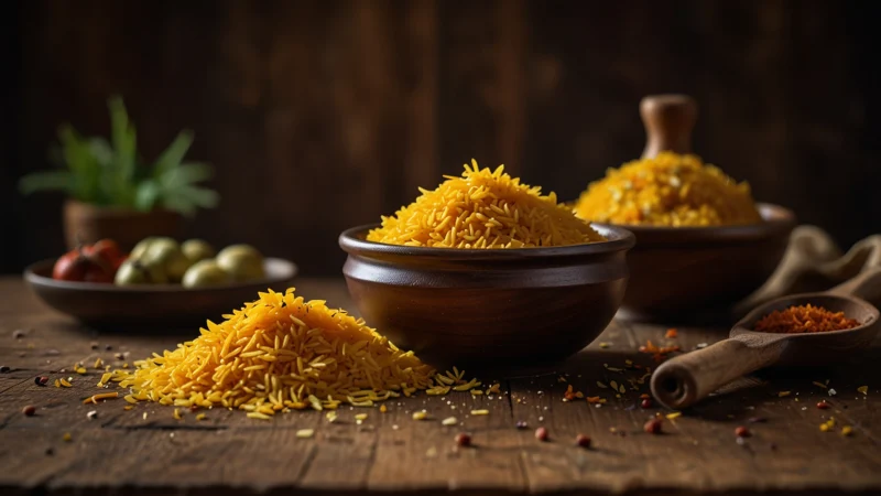 Золотистый рис с шафраном и специями на деревянном столе, восточная кухня