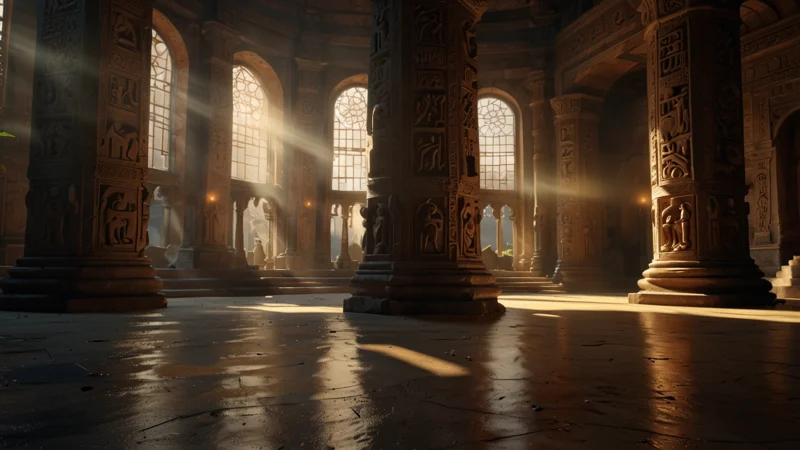 Сакральная геометрия древнего храма с концентрическими кругами и золотым сечением
