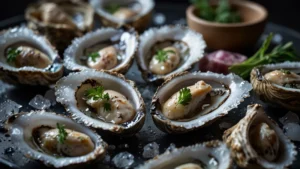 Солёный лёд на тарелке с морепродуктами и зеленью, крупный план