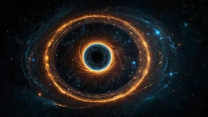 Абстрактное изображение черной дыры с квантовыми линиями и голографической сеткой пространства-времени