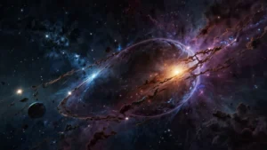 Абстрактное изображение космоса с симметричными структурами и светящимися линиями, символизирующими единый закон…