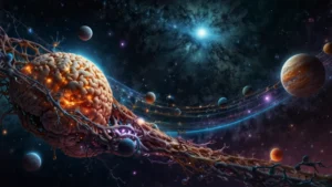 Схематичное изображение многослойной реальности от микроуровня струн до макрокосмоса и сознания