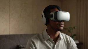 Пациент в VR-шлеме во время сеанса терапии погружения в виртуальной реальности