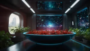 Ультра-спейсборщ в вакуумной упаковке на фоне космической станции и гидропонных растений