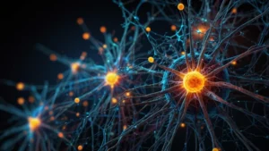 Абстрактное изображение клеточной сети с энергетическими потоками и информационными связями на темном фоне