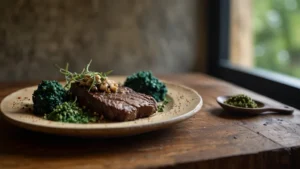 Тарелка с веганскими заменителями мяса из грибного мицелия, водорослей и сверчковой муки на деревянном столе
