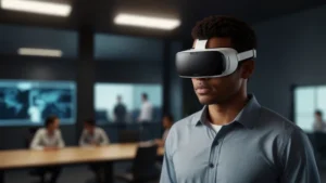 Человек в VR-шлеме тренируется выступать перед виртуальной аудиторией для преодоления страха публичных выступлений