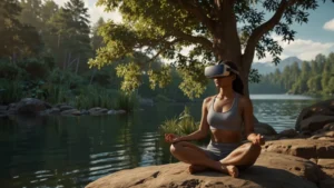 Человек в VR-гарнитуре медитирует на фоне виртуального леса и горного озера