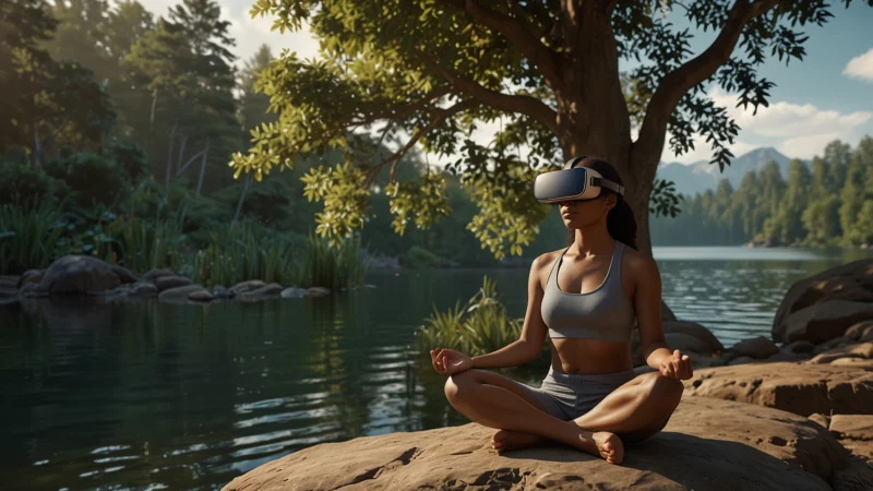 Человек в VR-гарнитуре медитирует на фоне виртуального леса и горного озера