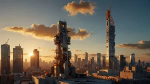 Роботизированная 3D-печать высотного небоскрёба на строительной площадке с бетонными слоями и краном