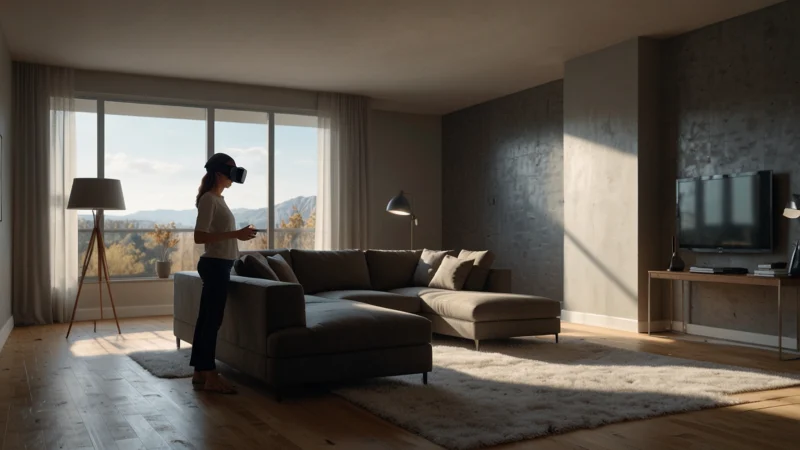 Человек в VR-шлеме осматривает 3D-модель будущей комнаты с реалистичной отделкой и мебелью