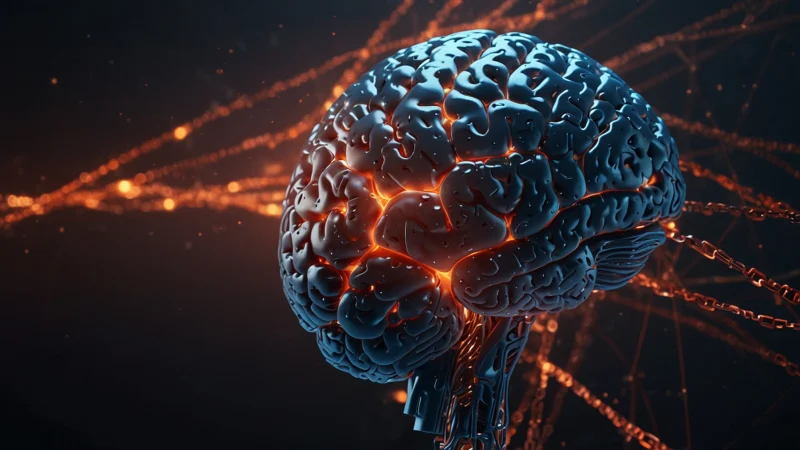 Цифровая 3D-иллюстрация мозга, опутанного светящимися цепями алгоритмов. Одна цепь разрывается под воздействием…