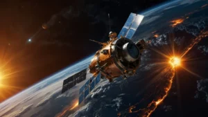 Спутник на фоне Земли и солнечной вспышки, иллюстрация влияния космической погоды на навигационные системы