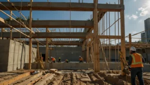 Эко-бетон с зелеными растениями на фоне современного здания и чистого неба
