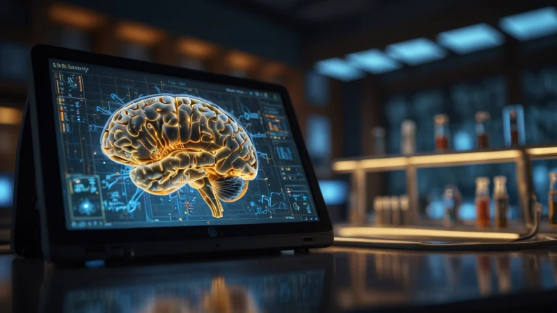 Сюрреалистичная 3D-визуализация мозга, где нейронные связи складываются в архитектурный чертеж, символизируя…