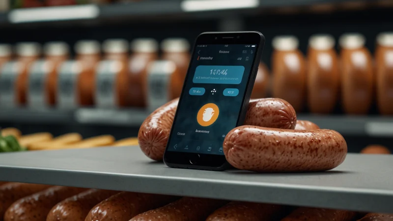 Микрочип в колбасе на прилавке магазина, смартфон считывает данные через NFC
