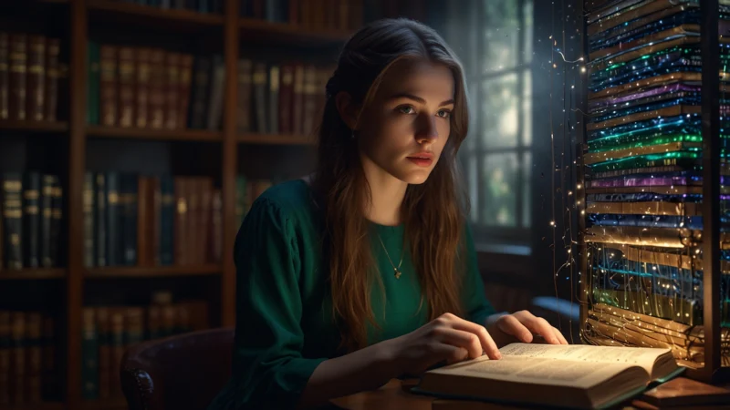 Девушка с книгой, от которой исходят светящиеся потоки данных, символизирующие скоростное визуальное восприятие и…