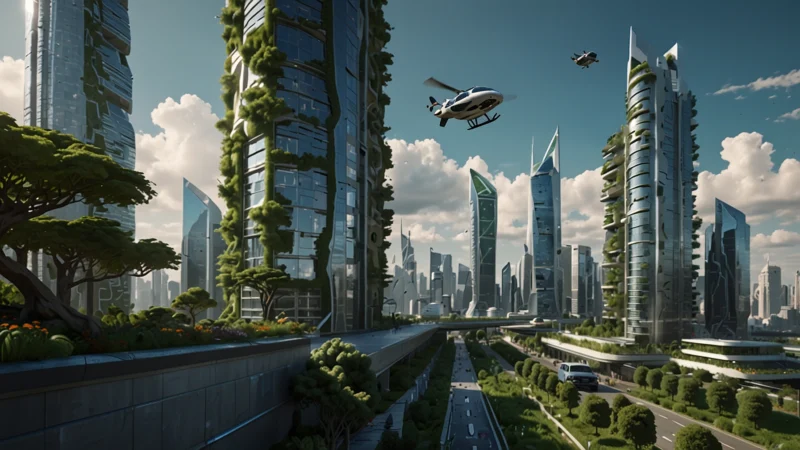 Футуристический город 2046 года с летающими автомобилями и зелеными небоскребами