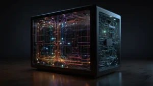 Визуализация внутренней работы нейросети с подсвеченными нейронами и связями в тёмном фоне