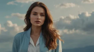 Женщина в легком жакете цвета Cloud Dancer на фоне ясного неба, весенний образ
