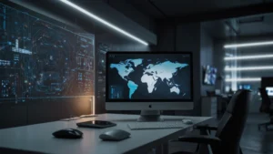 Цифровой двойник человека за работой на компьютере с нейросетью и интерфейсом ИИ