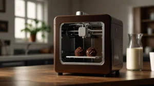 3D-принтер печатает шоколадное блюдо в форме цветка на тарелке в современной кухне