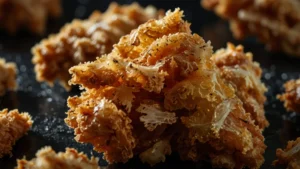 Крупный план куриной ножки с тонкой прозрачной хрустящей корочкой, напоминающей стекло, на темном фоне