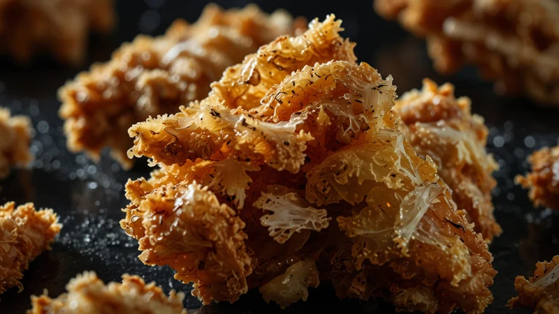 Крупный план куриной ножки с тонкой прозрачной хрустящей корочкой, напоминающей стекло, на темном фоне