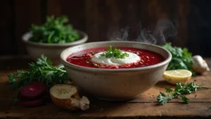 Тарелка яркого экспресс-борща со сметаной и зеленью на столе, рядом лежат мелко нарезанные свекла, капуста и нож…