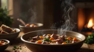 Горячий бульон в тарелке с паром, мясом и овощами, вызывающий аппетит