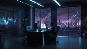 Абстрактное изображение искусственного интеллекта в роли коуча, нейросеть и человек за работой над целями