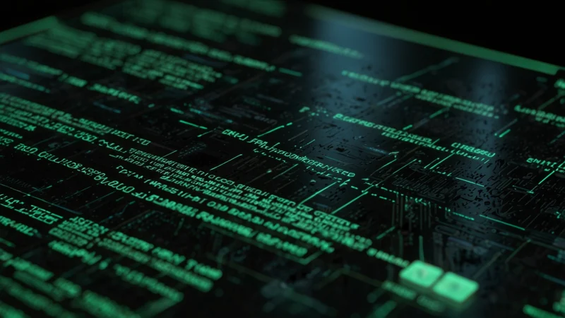 Терминал с кислотно-зелеными символами на черном фоне, отражение глитч-эффектов и фрагментов кода в интерфейсе…