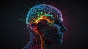 Абстрактное изображение цветных световых волн, воздействующих на человеческое сознание и эго, нейроэстетика