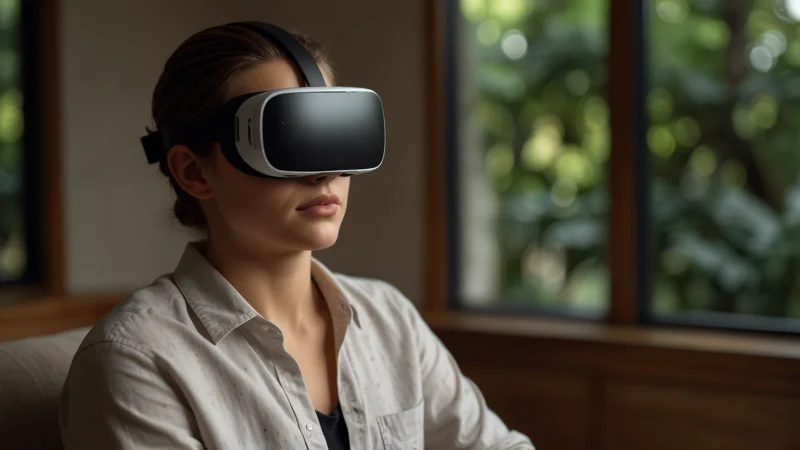 Человек в VR-шлеме во время коучинга, сидящий в спокойной обстановке, реалистичный портрет
