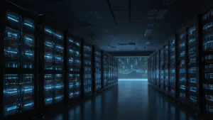 Серверные стойки и светящиеся облачные линии, символизирующие искусственное сознание и когнитивные вычисления
