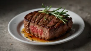 Сочный стейк из культивированного мяса на тарелке с зеленью и специями, выращенный в лаборатории