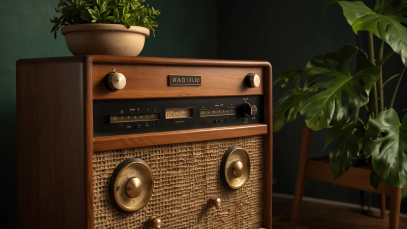 Винтажный радиоприемник 50-х годов, модернизированный в Bluetooth-колонку, стоит на деревянном столе в уютной комнате