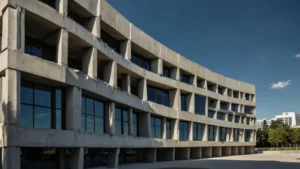 Современное здание из модульных конструкций, напечатанных на 3D-принтере, на фоне городского пейзажа