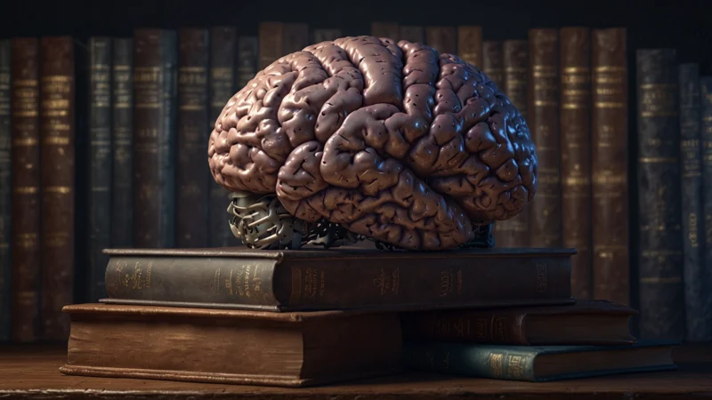 Изображение мозга с яркими нейронными связями на фоне книг и научных журналов, символизирующее разоблачение нейро-мифов