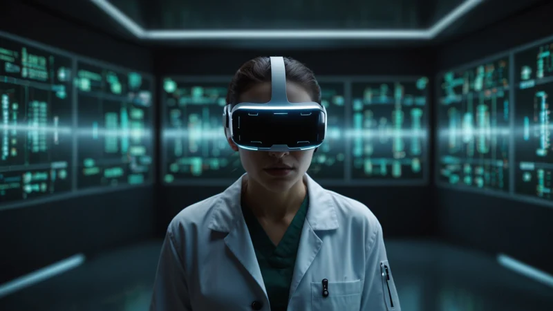Человек в VR-очках взаимодействует с виртуальной клиникой и рекламой лекарств