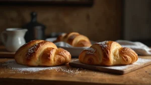 Ночная выпечка хлеба и круассанов на деревянном столе с мукой и скалкой