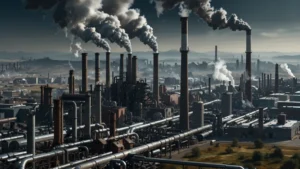 Промышленный кластер с дымящими трубами и графиками выбросов CO2 на фоне неба