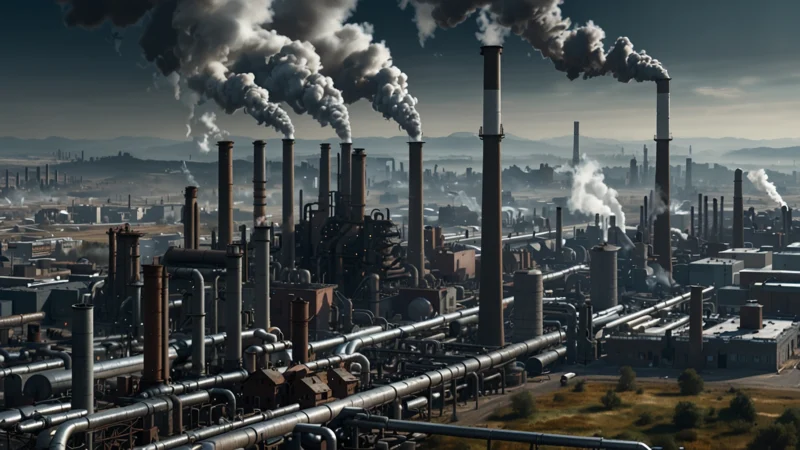 Промышленный кластер с дымящими трубами и графиками выбросов CO2 на фоне неба