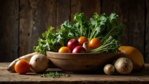 Ассорти из острых овощей на деревянном столе: хрен, имбирь, куркума, редька и рукола