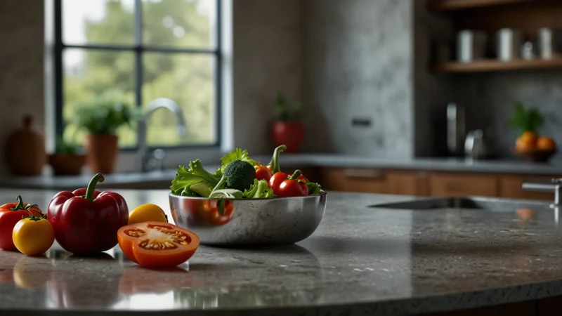 Современная кухня с портативным биосенсором, анализирующим свежесть продуктов на разделочной доске