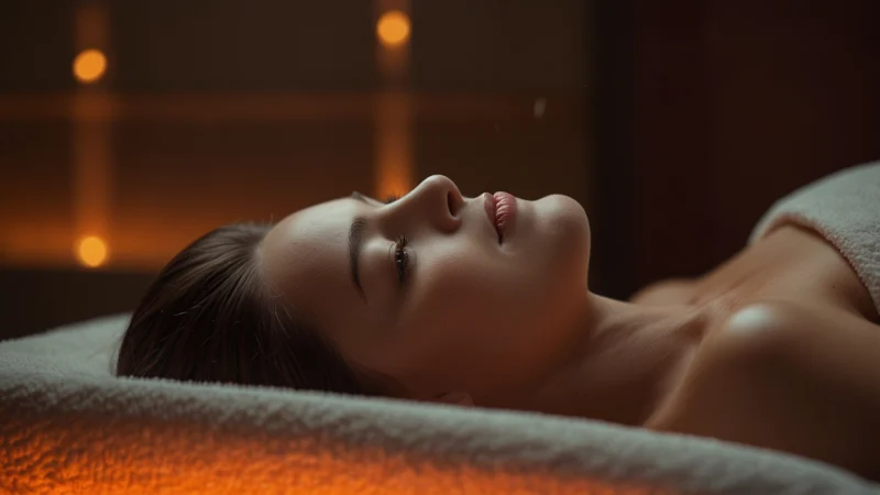 Домашняя процедура red light therapy: женщина лежит с закрытыми глазами под оранжевой LED-лампой, кожа выглядит…
