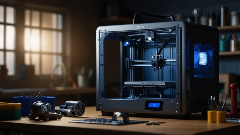 3D-принтер печатает пластиковую деталь для срочного ремонта ночью, замена молотку