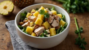 Праздничный салат с курицей и ананасом в белой тарелке, украшенный зеленью