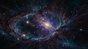 Космическая структура из светящихся нитей и галактик, напоминающая нейронную сеть или информационное поле